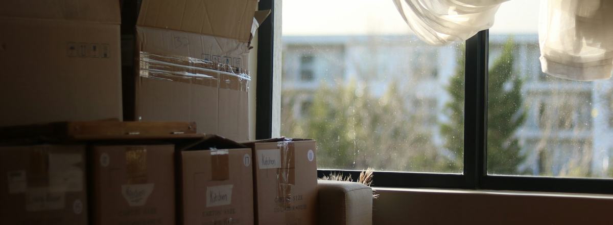 Packed moving boxes stacked beside a sunny window