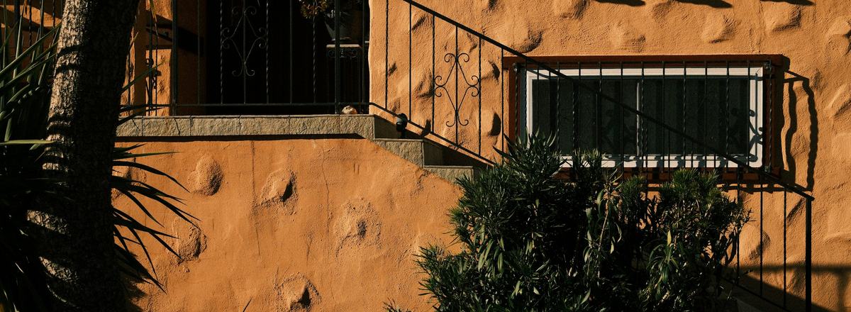 A terracotta stucco wall with an iron-framed window and desert plants